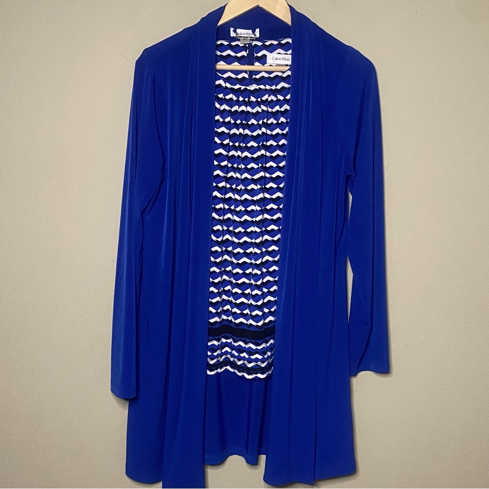Calvin Klein Long Sleeve Duster with Shell Women Large Blue Black White Office